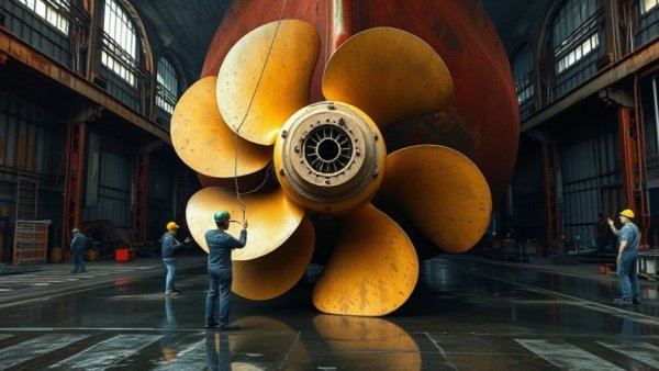 US Navy ship propeller in dock with workers.