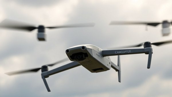 Sleek CAMCOPTER S-300 drone testing in flight with cloudy sky.