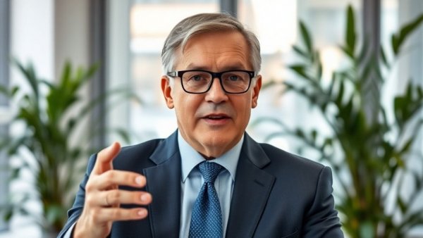Middle-aged man in suit indoors discussing ALS health tech innovations with plants in background.