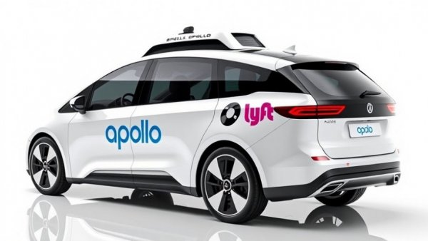 Sleek roboticaxi with Apollo Go and Lyft logos, futuristic design.