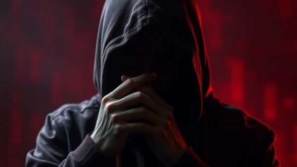 Mysterious hooded figure making shushing gesture, symbolizing secrecy.