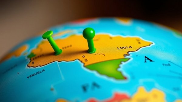 Close-up of Venezuela on a globe, marked with a green pin, highlighting geopolitical focus.