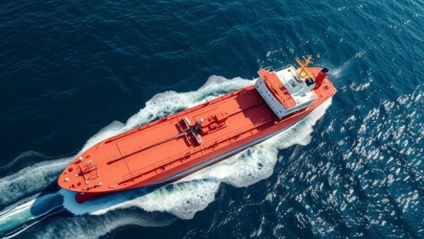 Aerial view of a red tanker ship moving in deep ocean, Venezuela-linked.