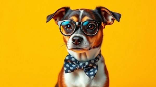 Cute dog with glasses and bow tie on yellow background, AI terms 2025.