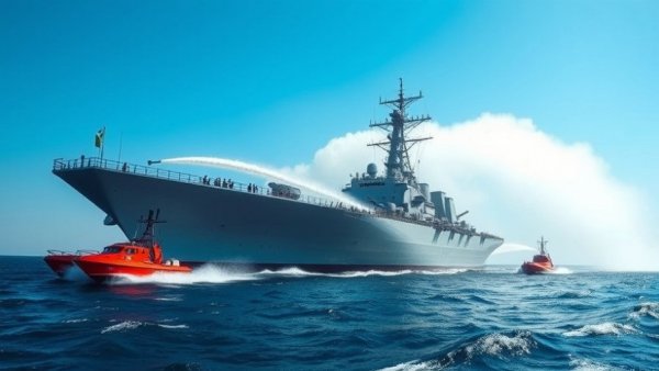 Navy fire prevention drill with water sprayed on a ship.