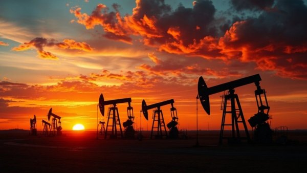 Oil pumps at sunset depicting oil prices fall on supply glut.