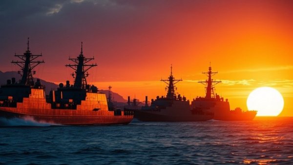 China military drills Taiwan with silhouetted naval ships.