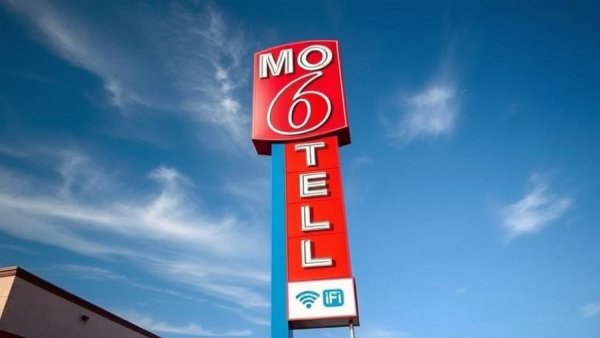 Motel 6 sign with Wi-Fi notice and blue sky backdrop.