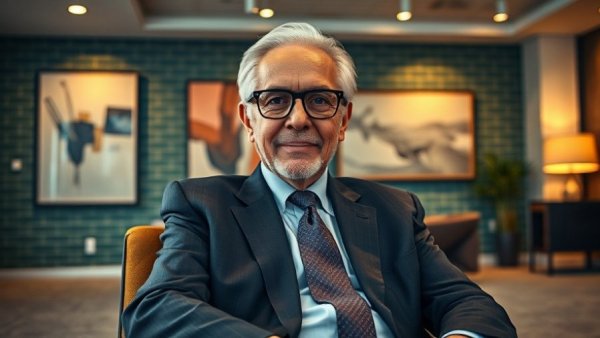 Elderly man in a suit, seated in an elegant room.