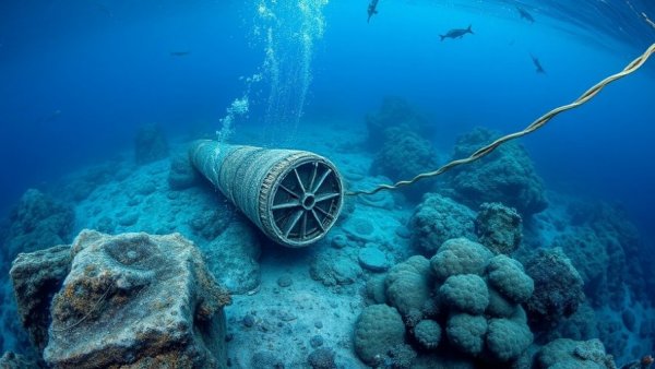 Underwater damaged subsea cable surrounded by marine life.