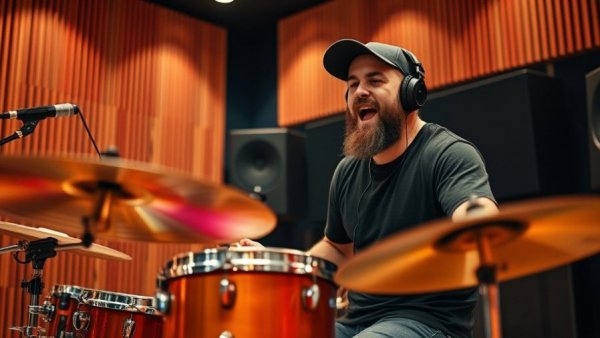 Energetic drummer showcasing latest tech trends in music studio.