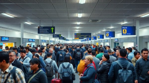 Crowded airport scene depicting travelers amid flight cancellations in Caribbean.