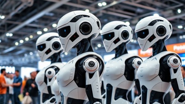 Futuristic humanoid robots showcased at CES 2026 exhibition.