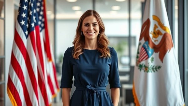 Smiling woman in front of flags, portrait indoors with natural light.