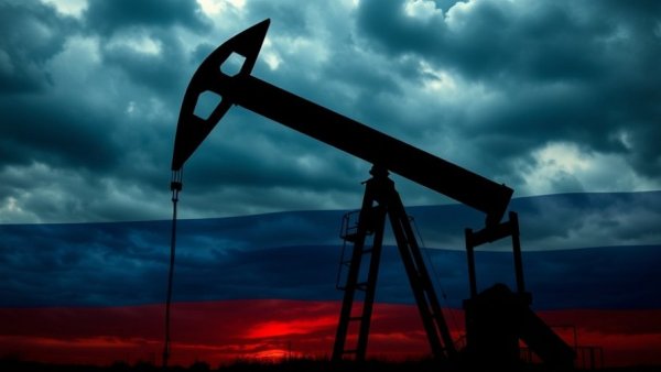Silhouette of oil pump against Russian flag under cloudy sky, symbolizing EU ban on Russian oil and gas shipping.