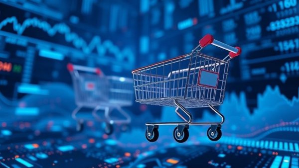 Futuristic digital carts and financial data with AI sales coaching theme.