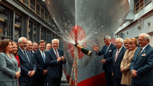 USNS Lansing ship christening with champagne bottle breaking.