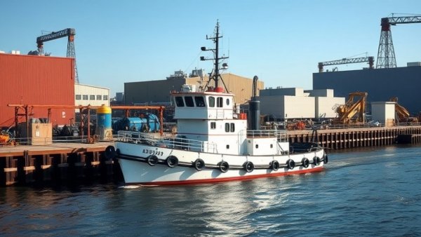 M/V Al Sloss towboat docked at industrial site with buildings and equipment.