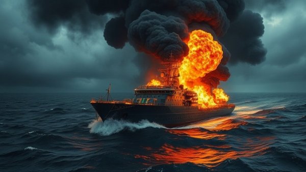 Flames and smoke on a ship in stormy sea, maritime safety negligence trial