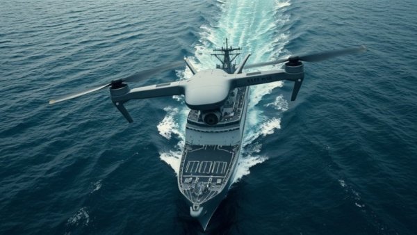 A military drone flies over a naval ship in the ocean.