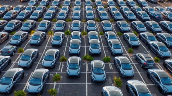 Neatly arranged Tesla cars in parking lot, top view.