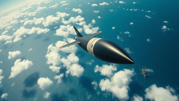 Advanced lightweight torpedo being deployed by aircraft over ocean.