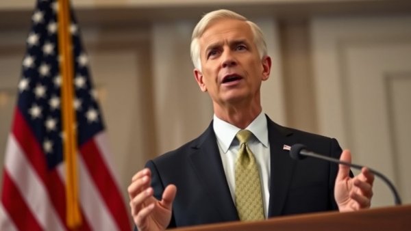 Man speaking at podium with U.S. flag background.