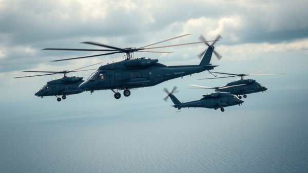 MH-60R helicopters flying over the ocean in formation.