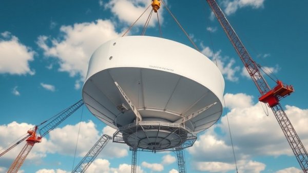 Radar system installation on naval ship with sky backdrop.