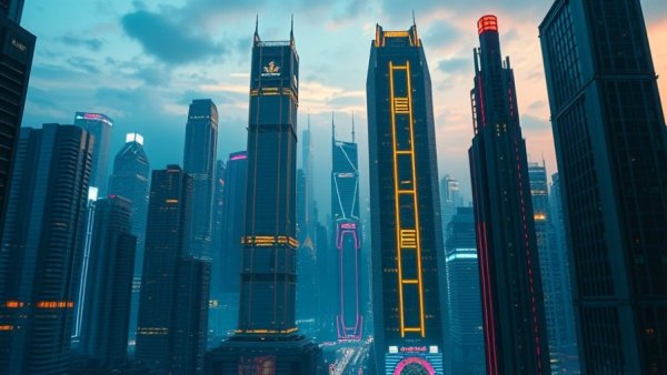 Futuristic cityscape with skyscrapers and digital overlay.