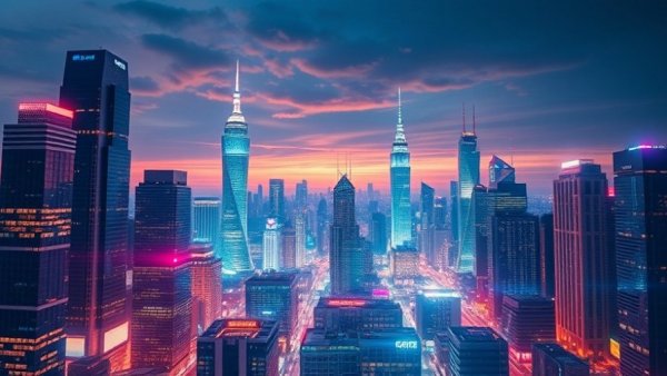 Futuristic skyline highlighting sharing economy insurance implications.