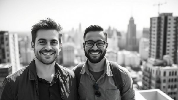 Two men on a rooftop with cityscape, AI scheduling technology inspiration.