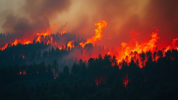 Intense wildfire in forest with smoke and flames, Maui wildfire survivors housing assistance