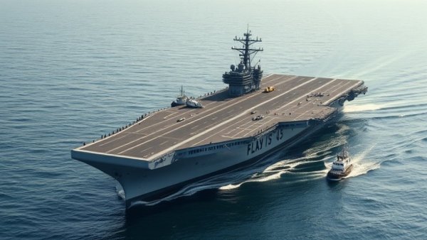 USS John F. Kennedy sea trials with tugboats on a calm sea.