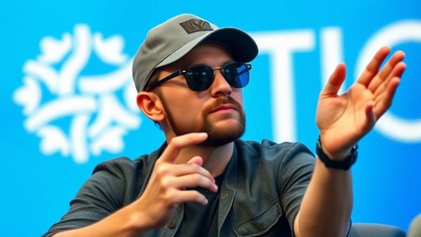 Man in sunglasses and cap speaking at conference during merger talks.