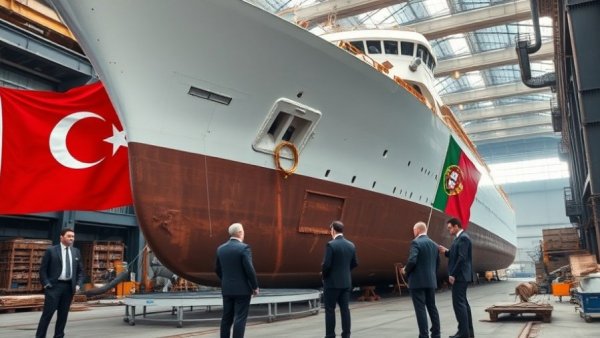 Turkey and Portugal flags on ship hull in shipyard collaboration.