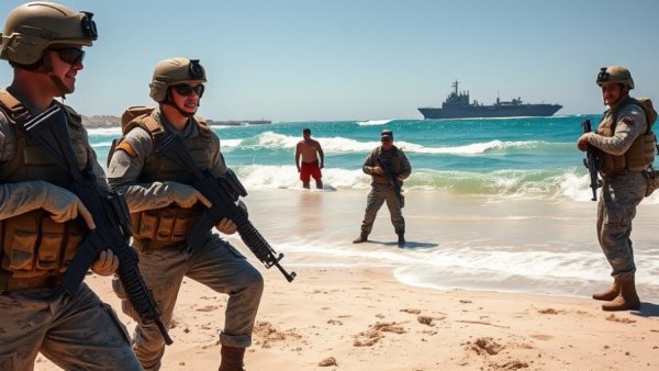 US Navy Marine Corps personnel on beach with landing vessels visible.