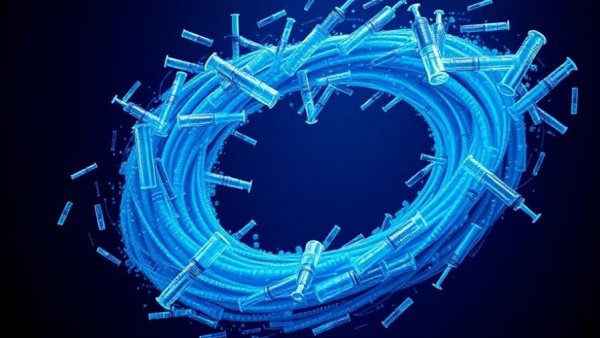Conceptual wave of vials and syringes illustrating peptide trends in wellness.