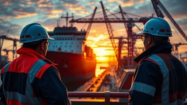 Maritime crew involved in ship docking at sunrise under decarbonization efforts.