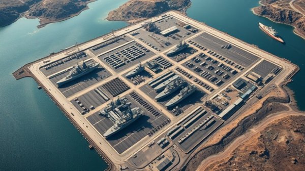 Aerial view of China naval shipyard with docks and buildings.