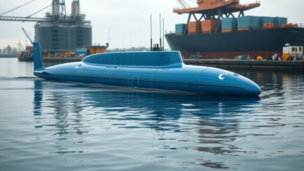 Blue autonomous submarine in dock, showcasing advanced technology.