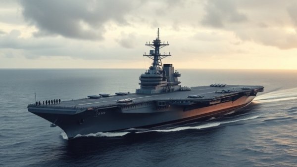French aircraft carrier visit in Sweden, cruising through calm waters under a cloudy sky.