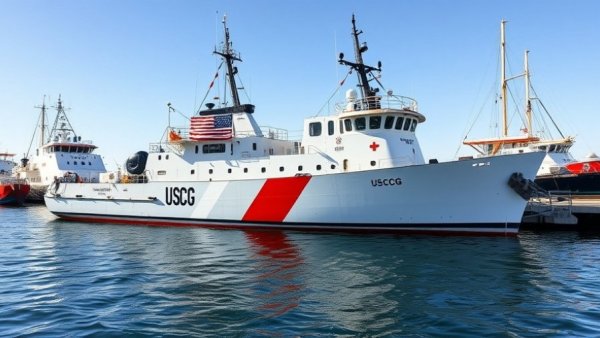 USCGC Vincent Danz fast response cutter docked at a harbor under clear skies.