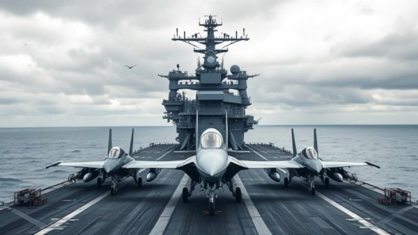 Swedish Navy aircraft carrier deck with fighter jets, cloudy sky.
