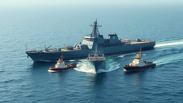 Expeditionary Fast Transport USNS Lansing maneuvered by tugboats in open sea.