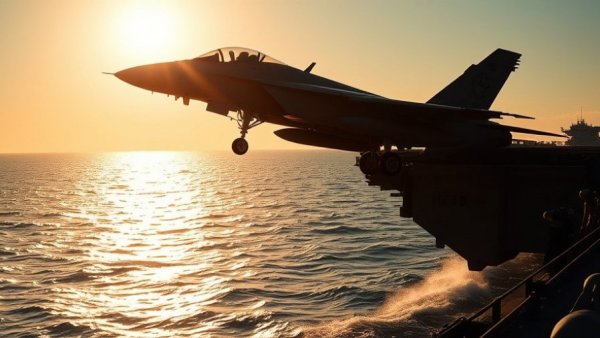 Silhouetted jet on aircraft carrier in Persian Gulf under bright sun