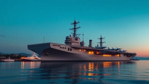France aircraft carrier in Mediterranean at dusk with jets on deck.