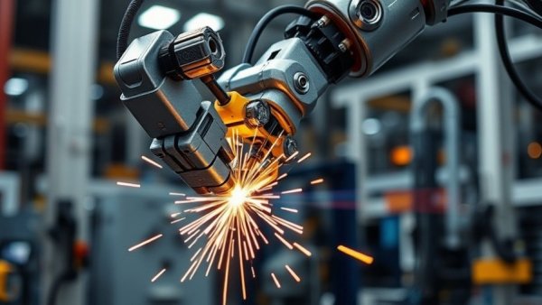 Advanced robotic welding arm operating in industrial setting with machinery, highlighting cobots in welding industry.