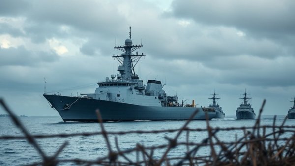 European naval deployment against Iran: Frigate in calm sea with escorts.