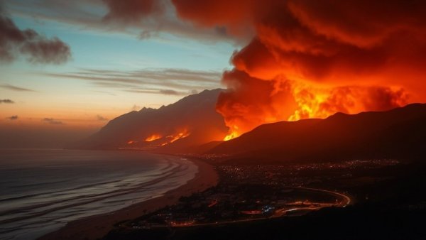 Dramatic coastal wildfire with flames reflecting on the ocean.